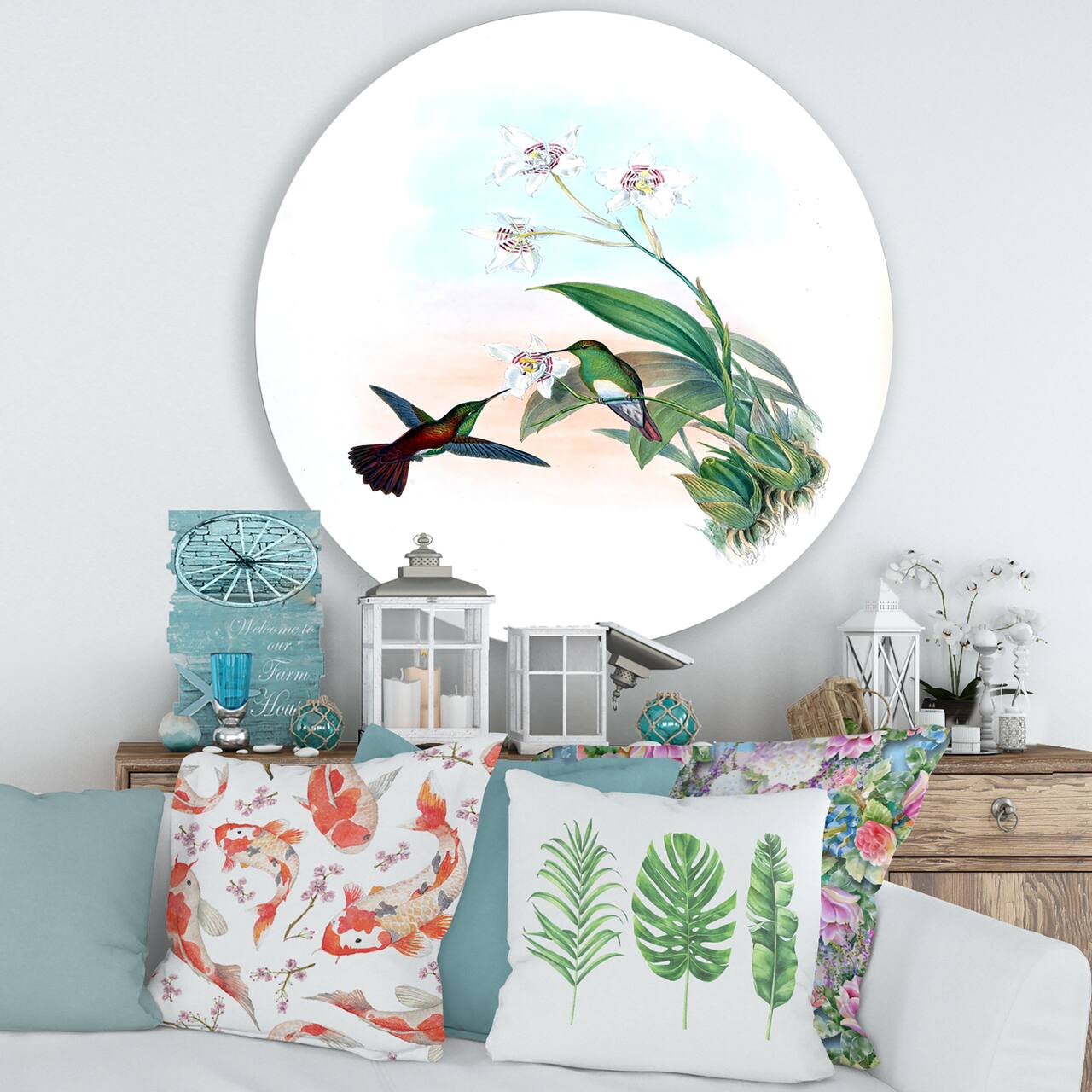 Designart - Vintage Hummingbird Flying To A Flower - Traditional Metal Circle Wall Art